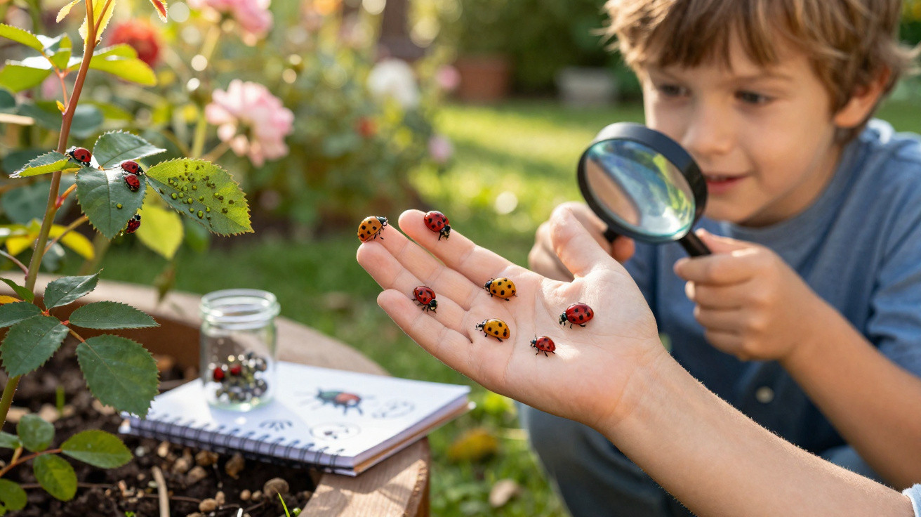 Criança a observar joaninhas na mão com lupa num jardim, com caderno de desenhos e plantas ao redor.