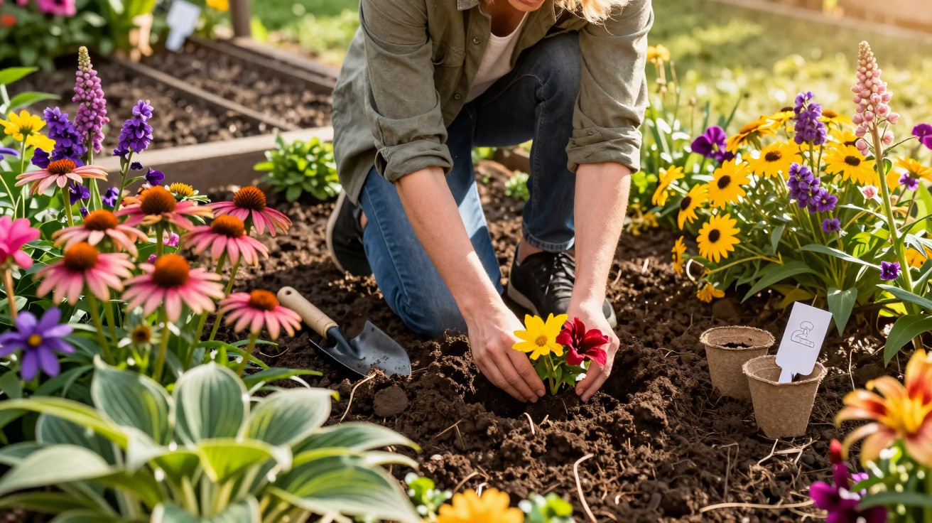 Pessoa a plantar flor laranja num jardim florido com várias flores coloridas e ferramentas de jardinagem.