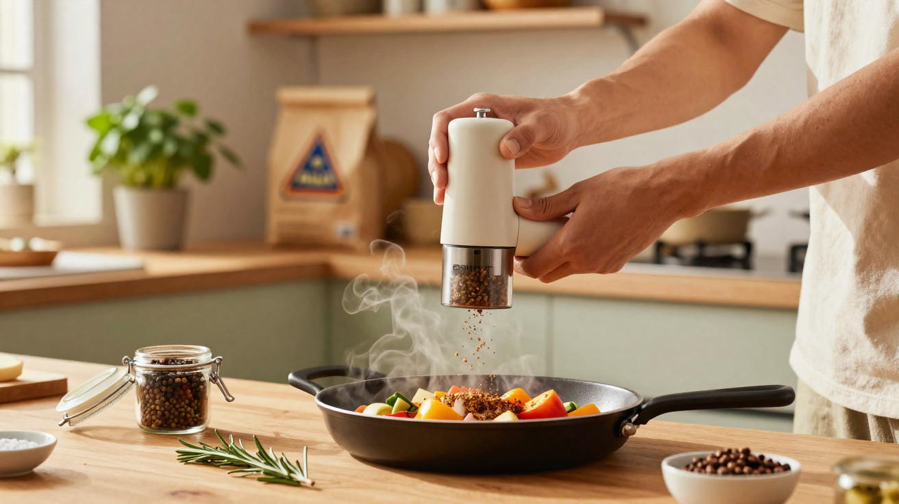Pessoa moendo pimenta sobre legumes coloridos numa frigideira fumegante numa cozinha moderna.