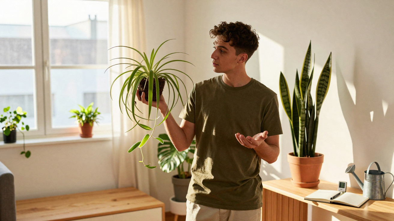 Homem jovem a cuidar de planta suspensa numa sala iluminada pelo sol com várias plantas em vasos.