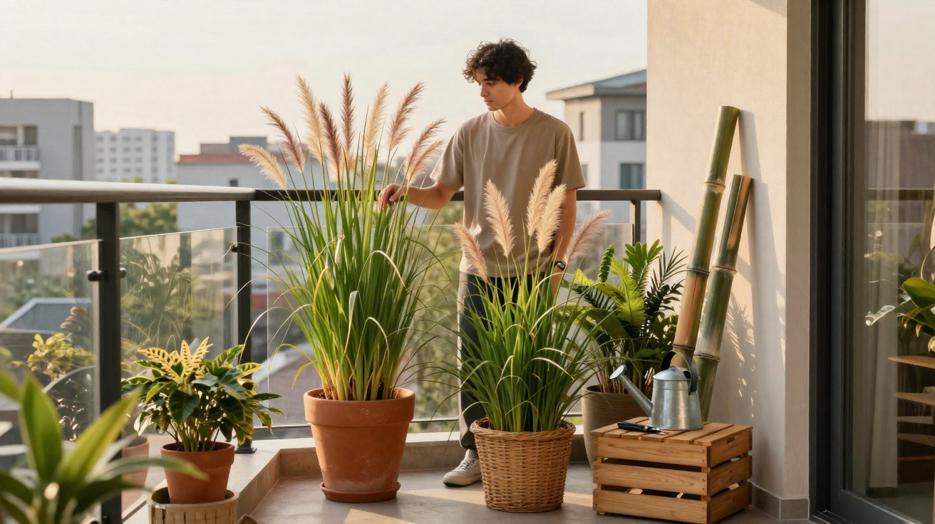 Homem cuida de plantas em vasos numa varanda com vista urbana ao entardecer.