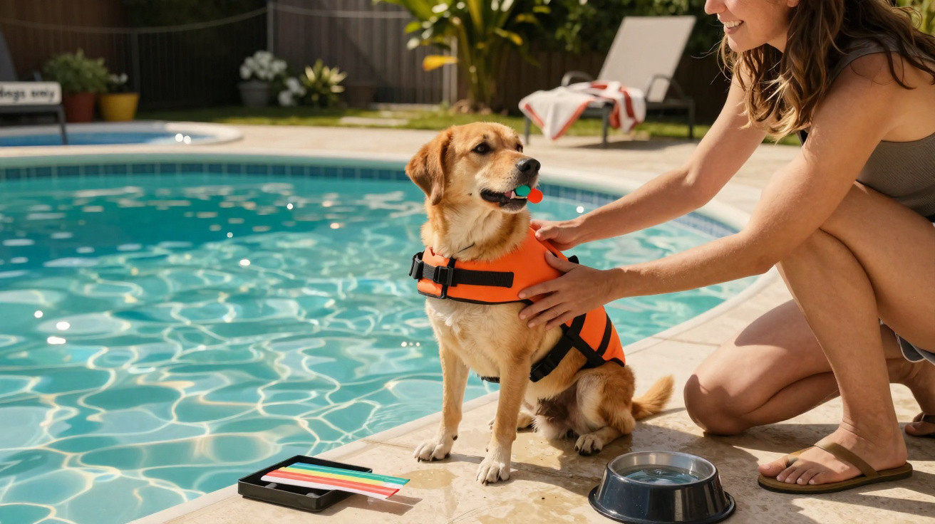 Mulher com sorriso a ajudar cão com colete salva-vidas junto à borda de uma piscina.