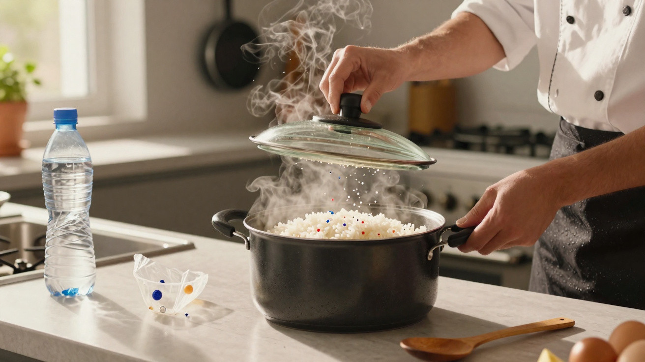 Pessoa a levantar tampa de panela com arroz branco a cozinhar e vapor a sair no fogão da cozinha.