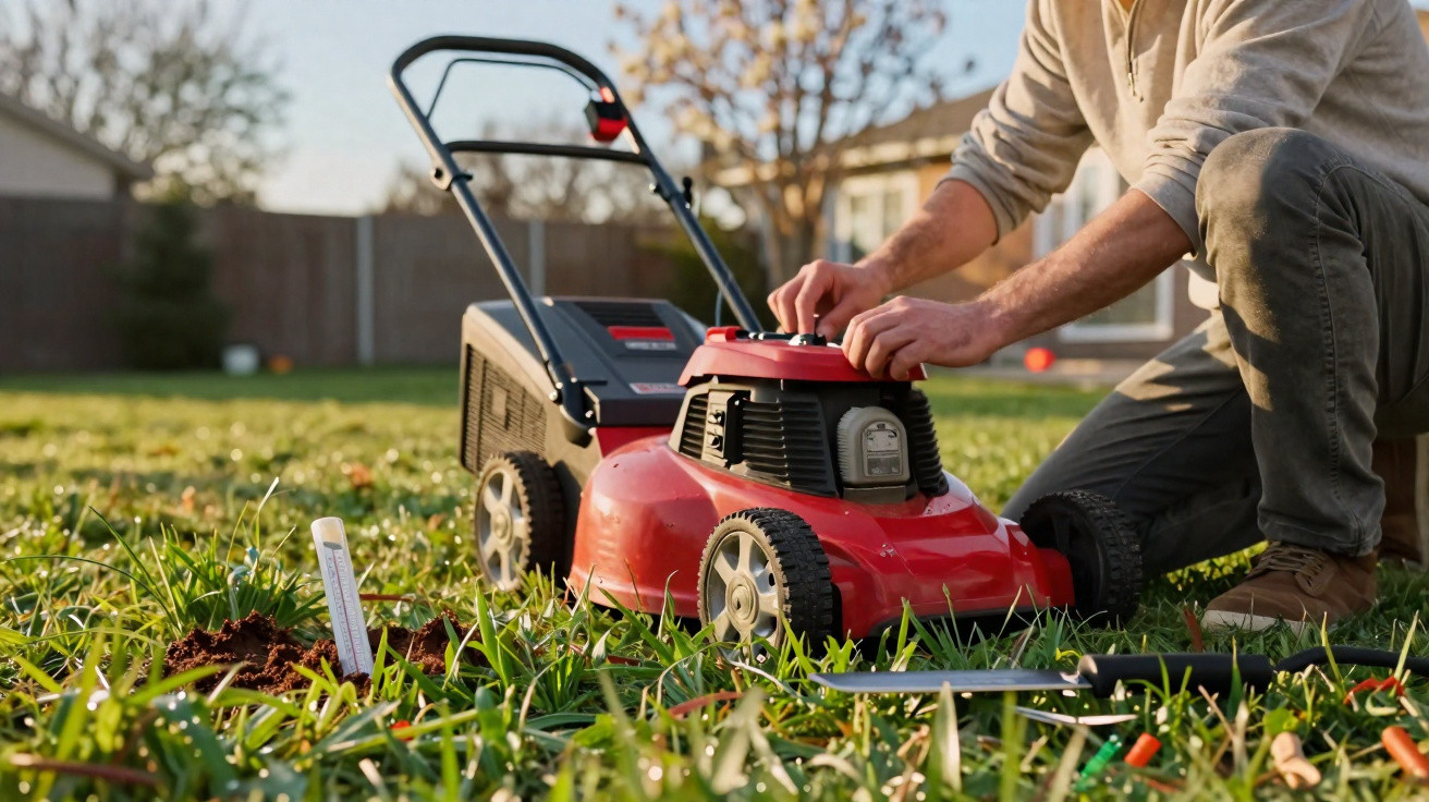 Pessoa a usar um cortador de relva vermelho num jardim com relva verde e árvores ao fundo.