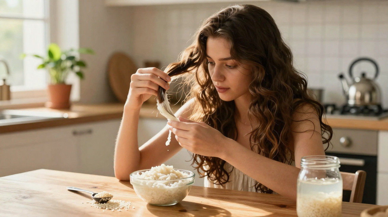 Mulher sentada à mesa a partir arroz cozido com garfo numa cozinha iluminada.
