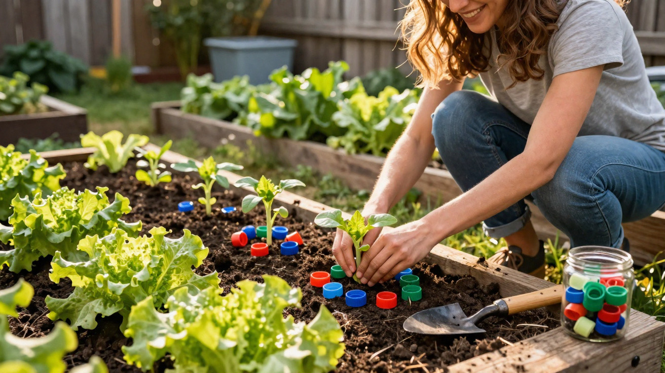 Mulher a plantar muda em horta com alfaces, usando tampas de plástico coloridas para marcar as plantas.