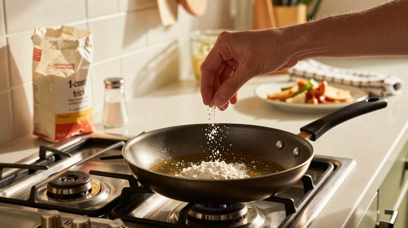 Mão polvilha farinha numa frigideira com óleo sobre fogão a gás numa cozinha iluminada.