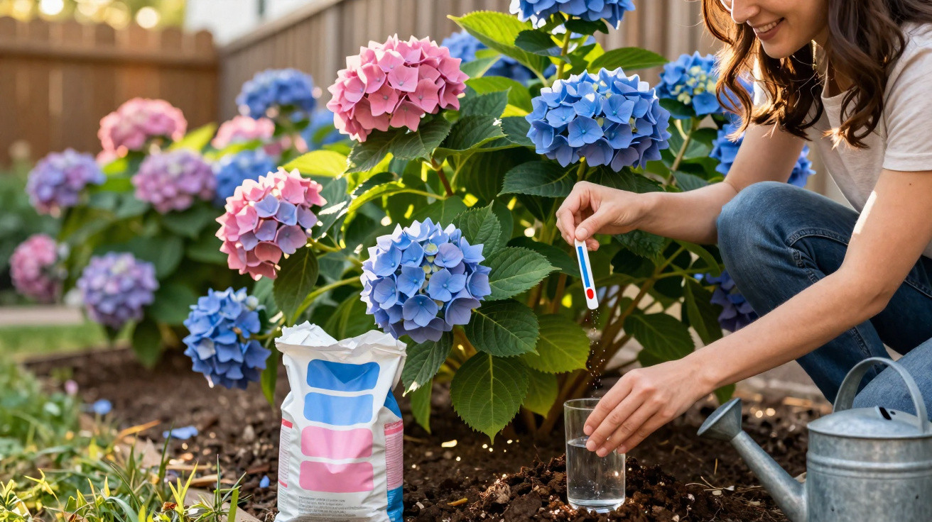 Mulher regando flores de hortênsia rosa e azul num jardim com regador e teste de água.