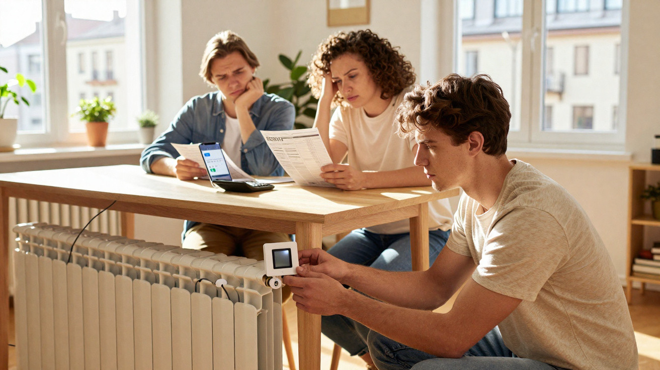 Dois homens jovens em casa a ajustar um termóstato numa radiador enquanto consultam contas e um smartphone.