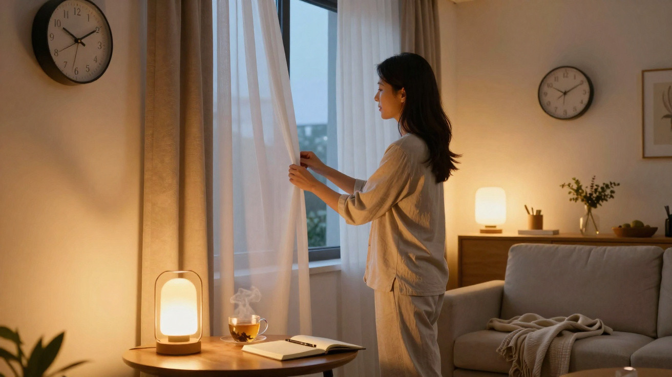 Mulher abre cortinas numa sala acolhedora com luz suave e relógio a indicar 18h55.