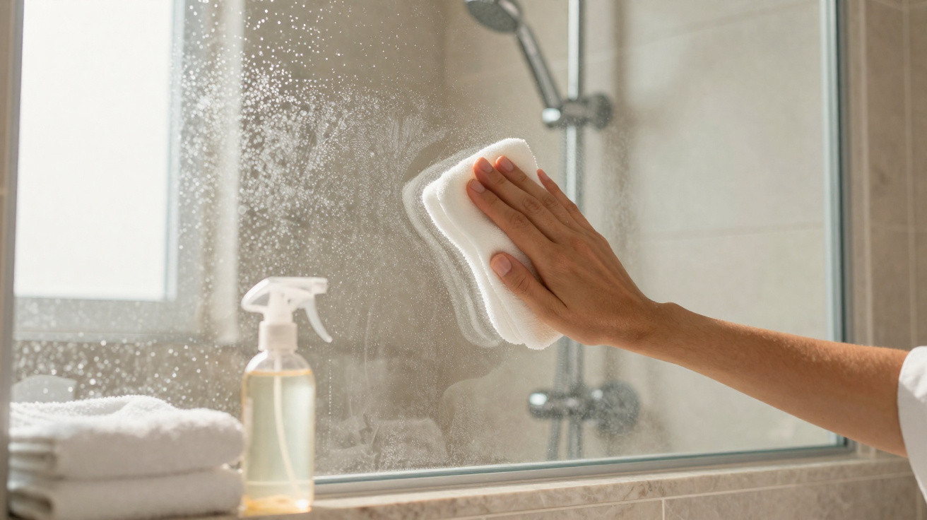 Pessoa a limpar o vidro do chuveiro com um pano branco, spray de limpeza e toalhas ao lado.