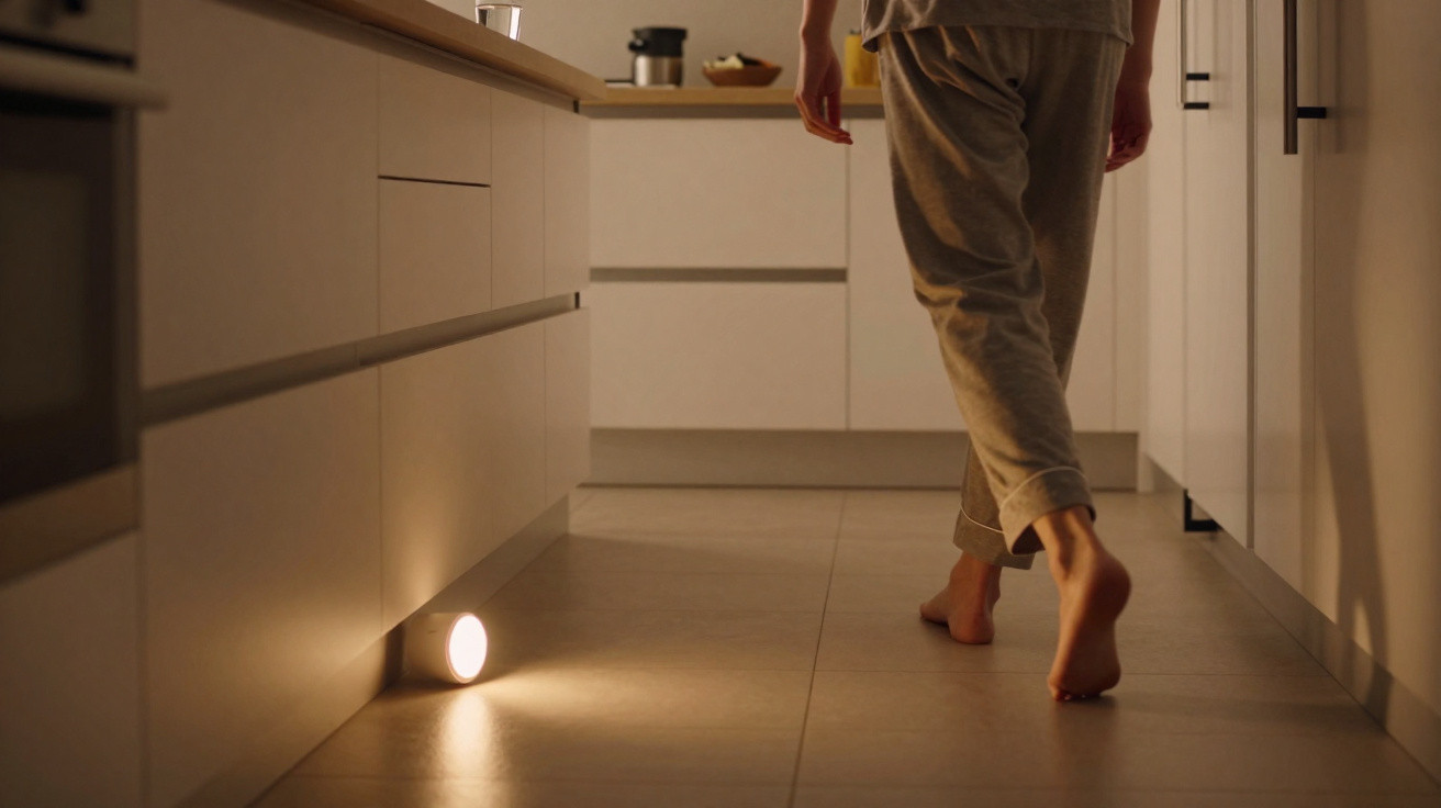 Pessoa descalça a caminhar numa cozinha iluminada por luz ambiente suave de um candeeiro no chão.