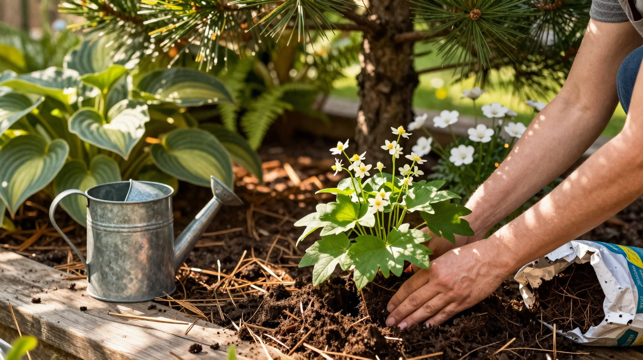 Pessoa a plantar flor branca num jardim com regador e saco de terra ao lado.