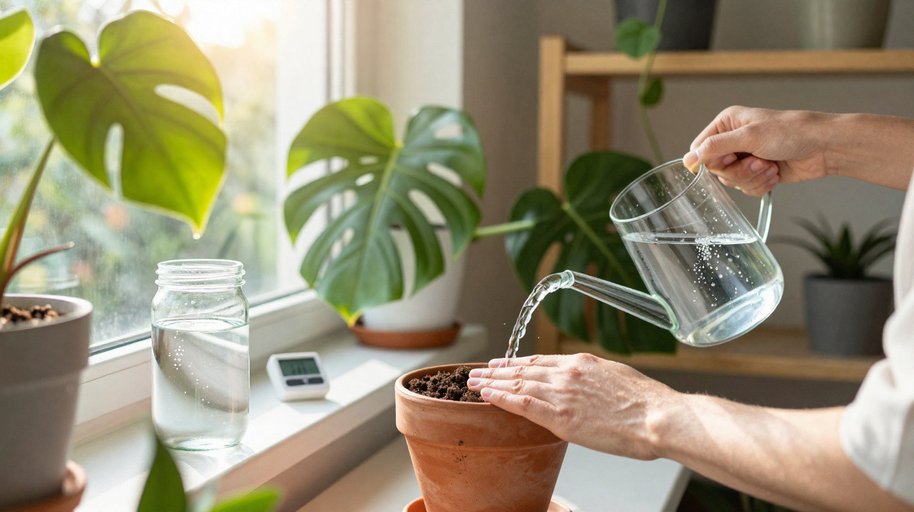 Pessoa a regar planta em vaso de barro dentro de casa junto a janela com outras plantas ao redor.