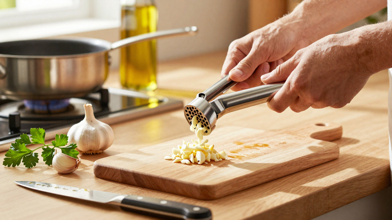 Mãos a esmagar alho com prensa sobre tábua de madeira numa cozinha com alho e coentros.