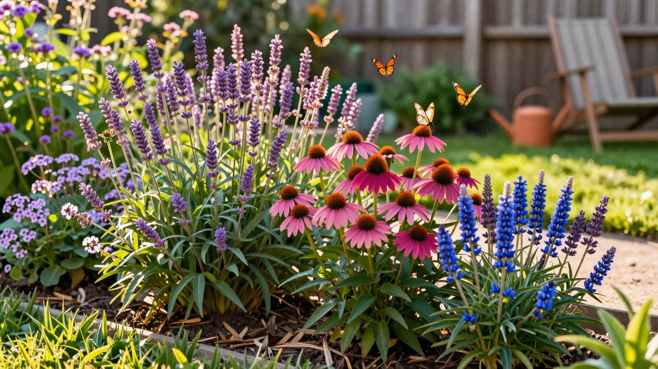 Jardim com flores coloridas, incluindo lavanda e margaridas, com várias borboletas laranja a voar.