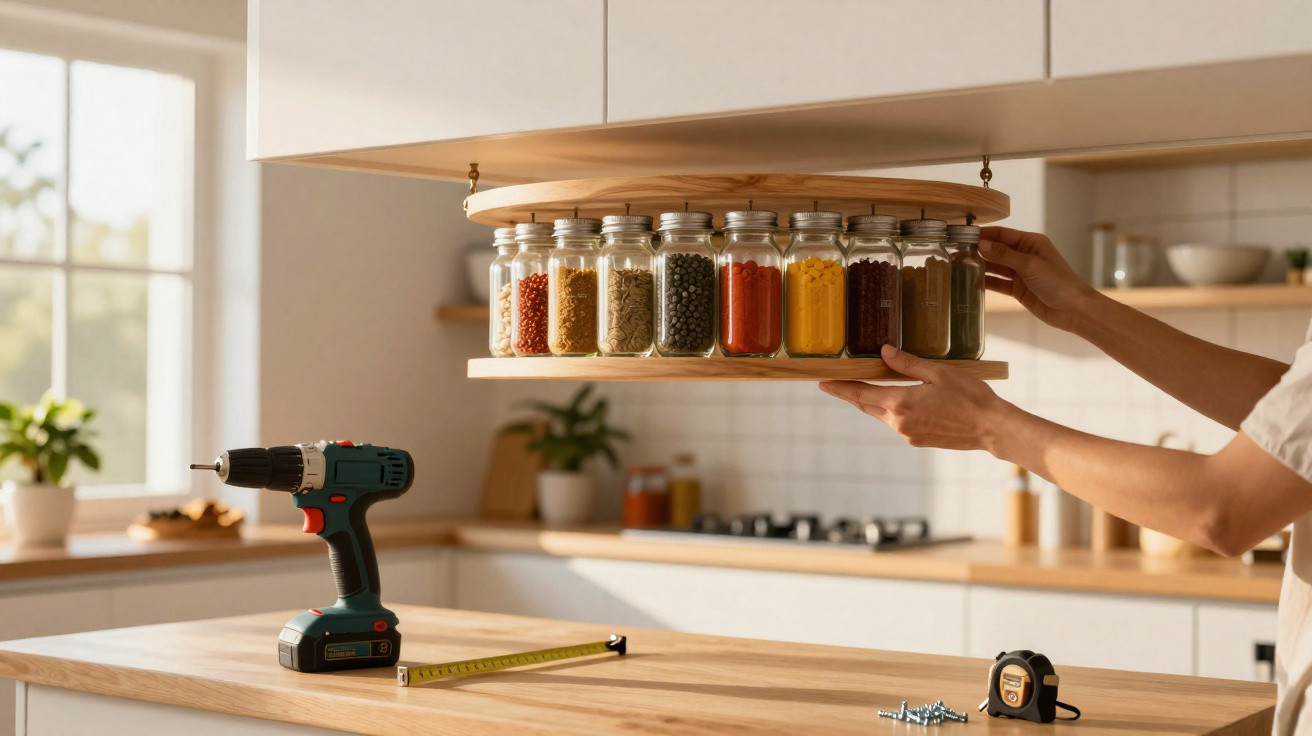 Pessoa a colocar prateleira de madeira com frascos de especiarias numa cozinha com ferramentas e plantas na bancada.