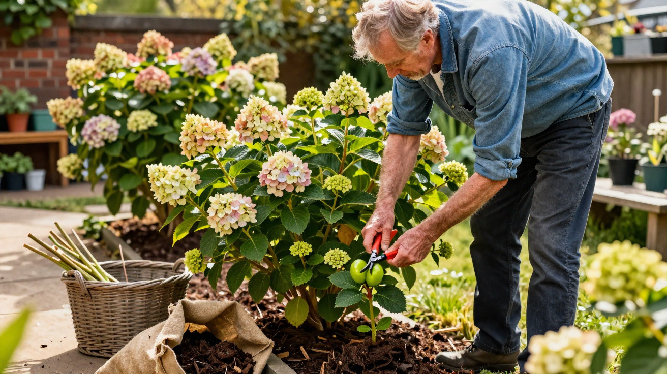 Homem idoso a podar flores coloridas num jardim com cesta e saco para recolher folhas.