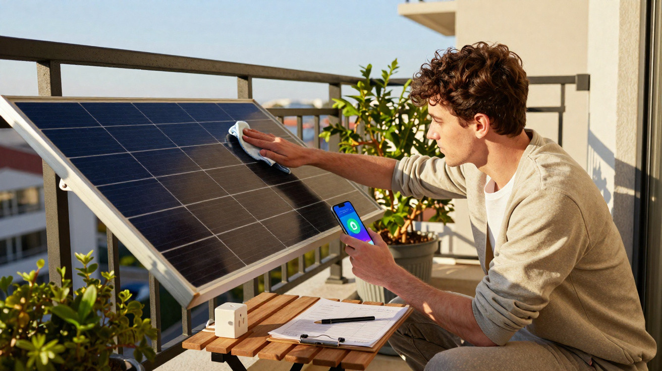 Homem a limpar painel solar numa varanda enquanto segura telemóvel com aplicação de monitorização.