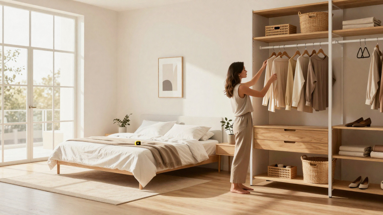 Quarto luminoso com cama de madeira, mulher a escolher roupa em roupeiro aberto e plantas decorativas.