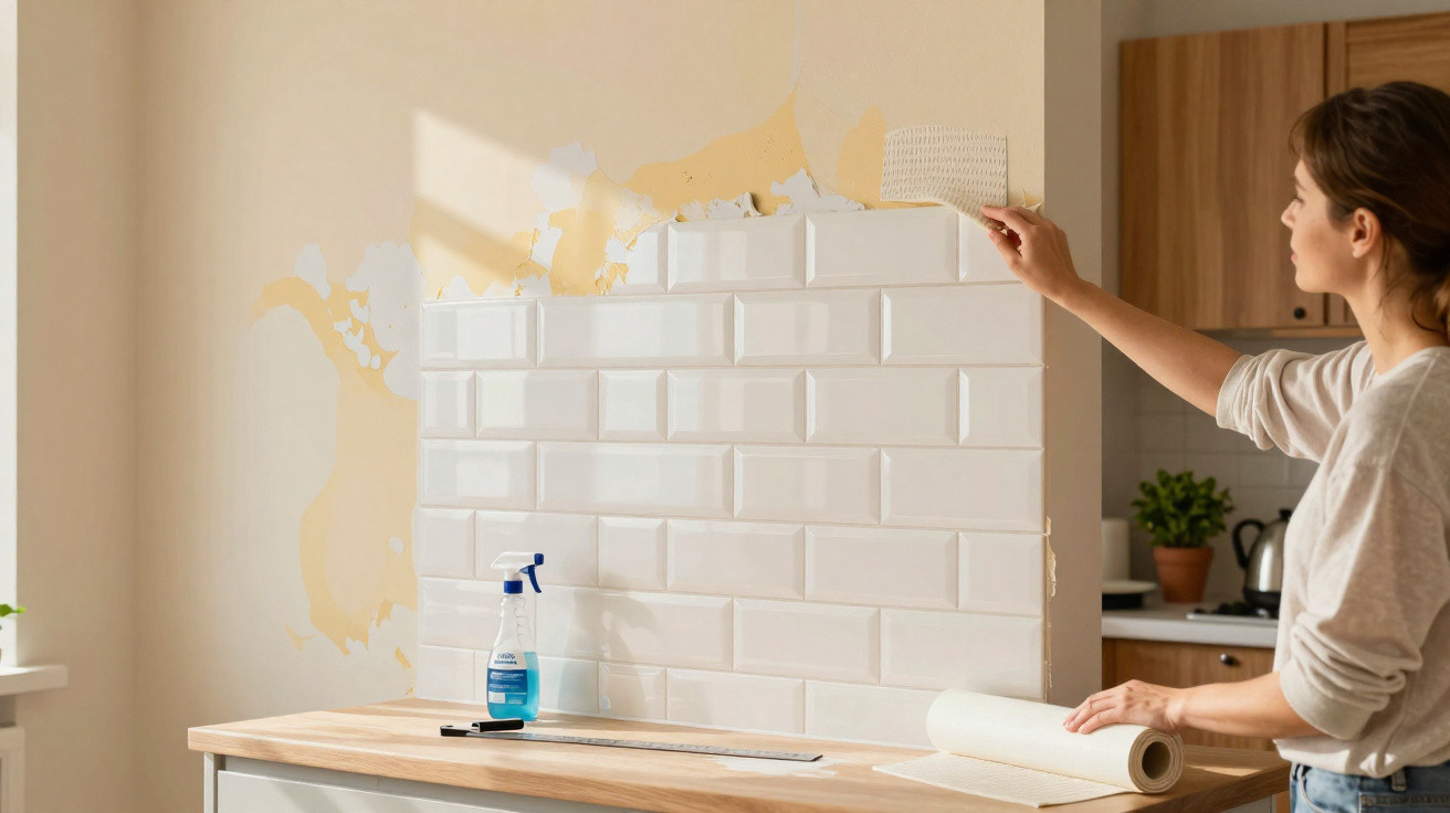 Mulher a colocar azulejos brancos numa parede de cozinha durante renovação.