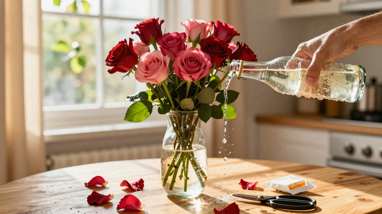 Vaso com rosas vermelhas e cor-de-rosa numa mesa de madeira, enquanto água é despejada no vaso na cozinha.