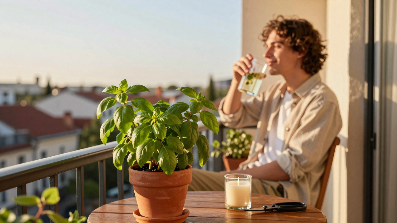 Planta em vaso num terraço com pessoa ao fundo a beber bebida quente ao pôr do sol.