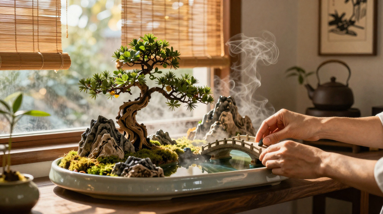 Mini jardim japonês com bonsai, pedras, ponte e vapor a sair num recipiente em cima de mesa junto à janela.
