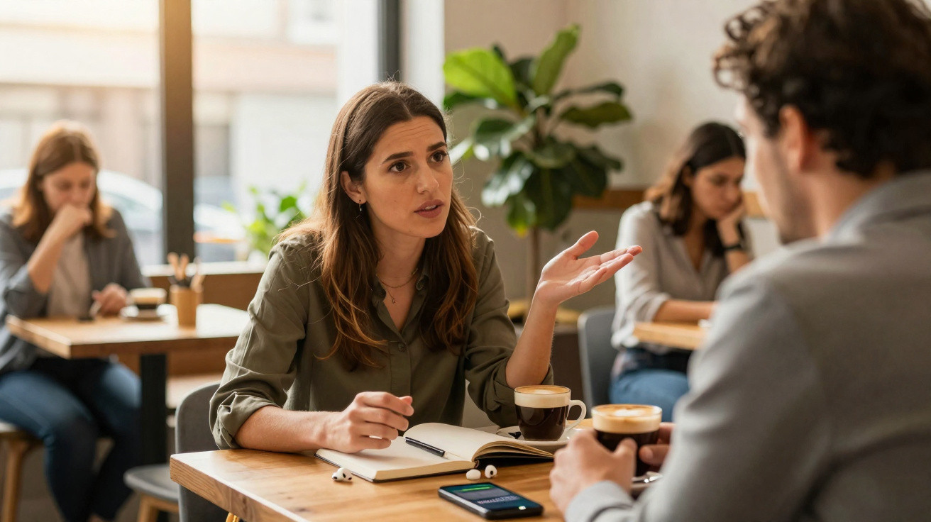 Três pessoas sentadas numa mesa de café, com uma mulher a falar e gesticular para os outros.