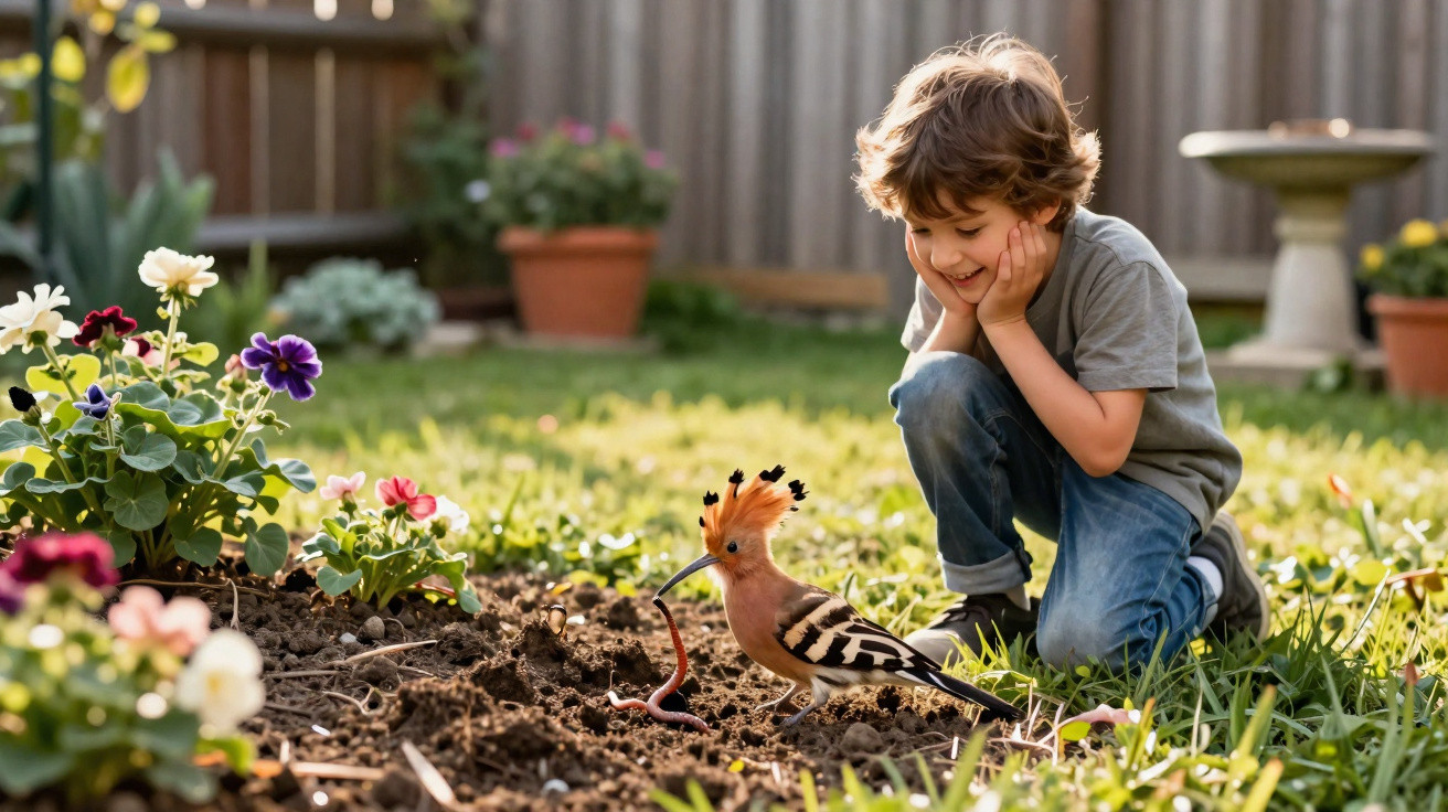 Menino sorridente ajoelhado observa pássaro com penacho no jardim a apanhar uma minhoca na terra.