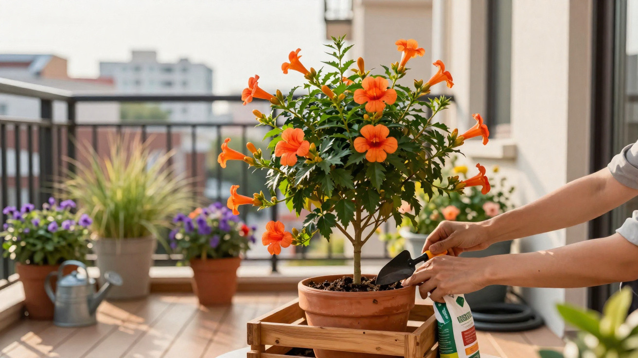 Pessoa a plantar árvore com flores laranjas num vaso em varanda com várias plantas e ferramentas de jardinagem.