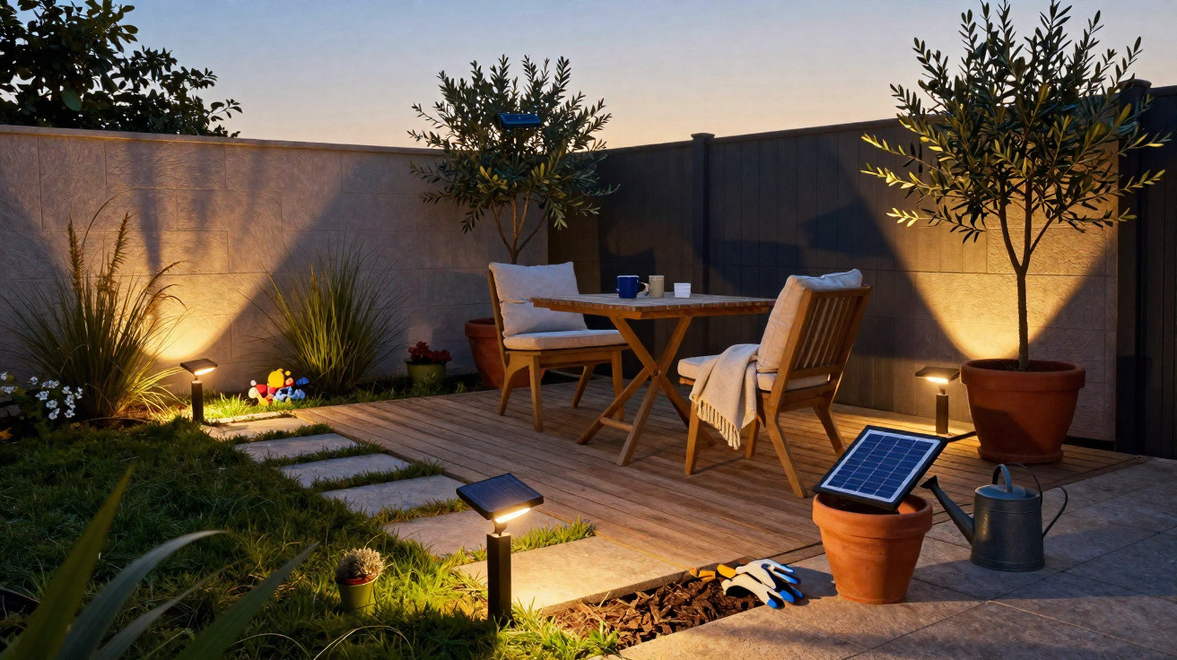 Espaço exterior com mesa e cadeiras de madeira iluminado por luzes solares à noite, em jardim acolhedor.