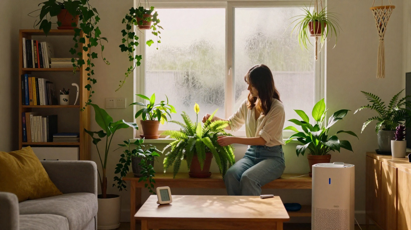 Mulher sentada numa janela a cuidar de plantas num ambiente interior luminoso e acolhedor com mobília simples.