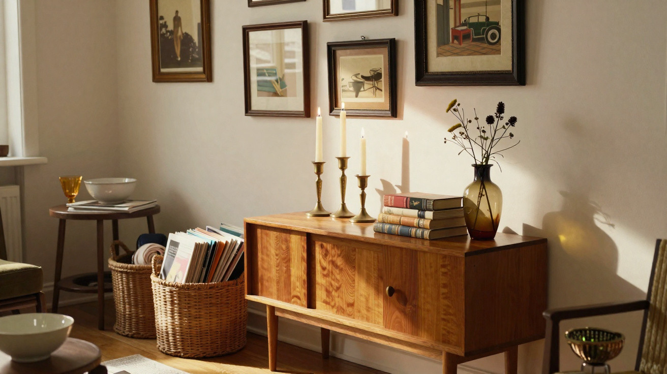 Sala com móvel de madeira, livros, velas, cestas com revistas e quadros na parede iluminada por luz natural.