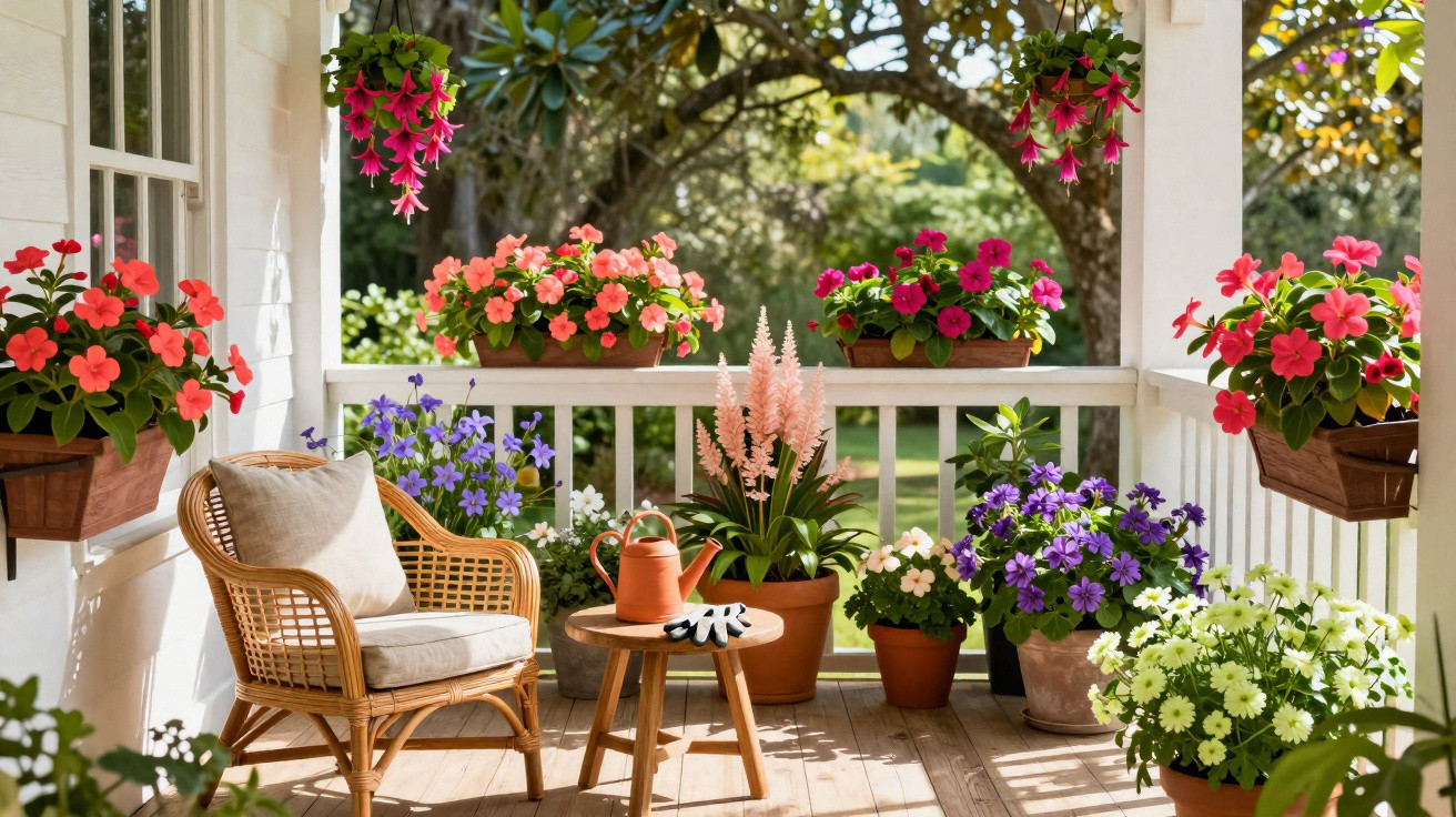 Varanda ensolarada com cadeiras de vime, mesa pequena e várias flores coloridas em vasos.