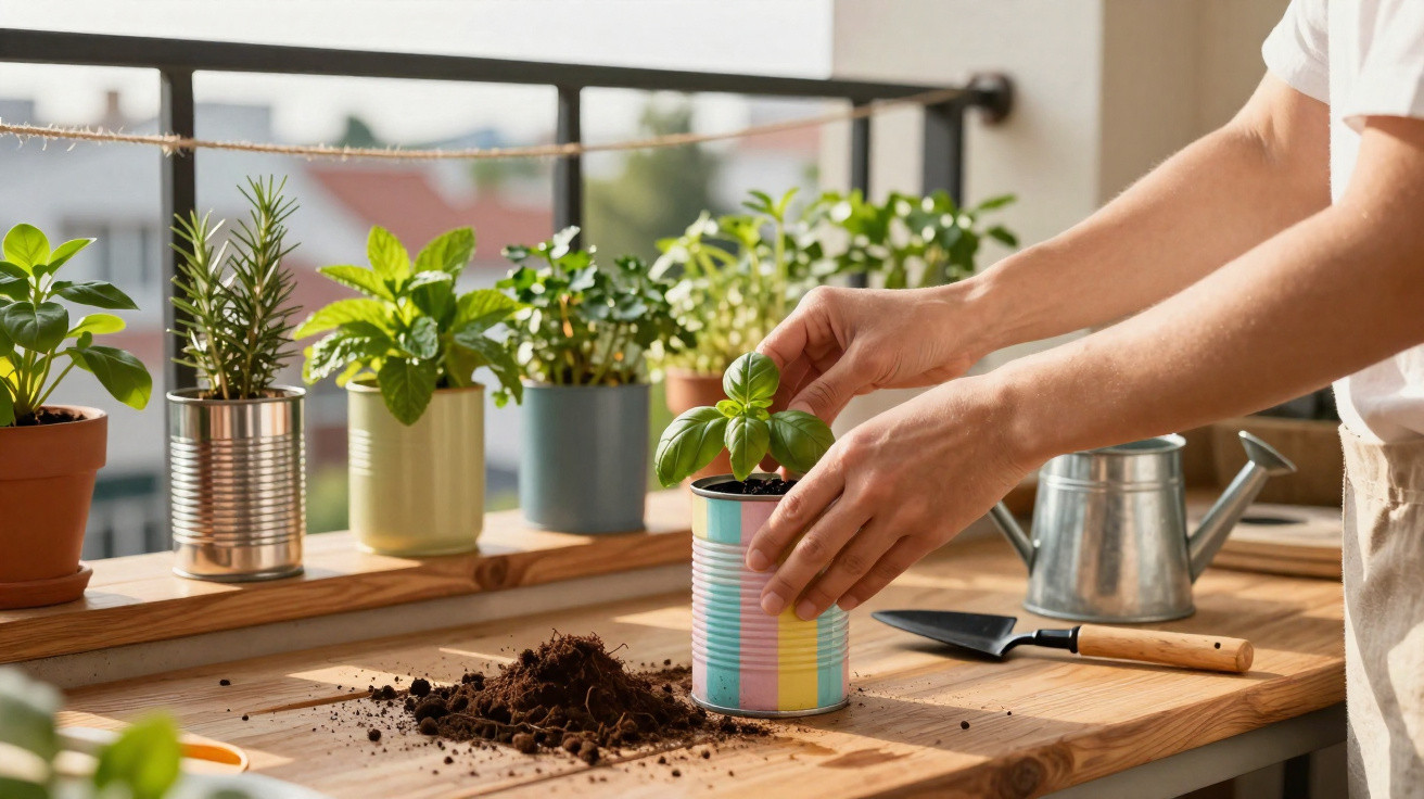 Pessoa a cuidar de planta em vaso colorido numa mesa de madeira com várias plantas em vasos.