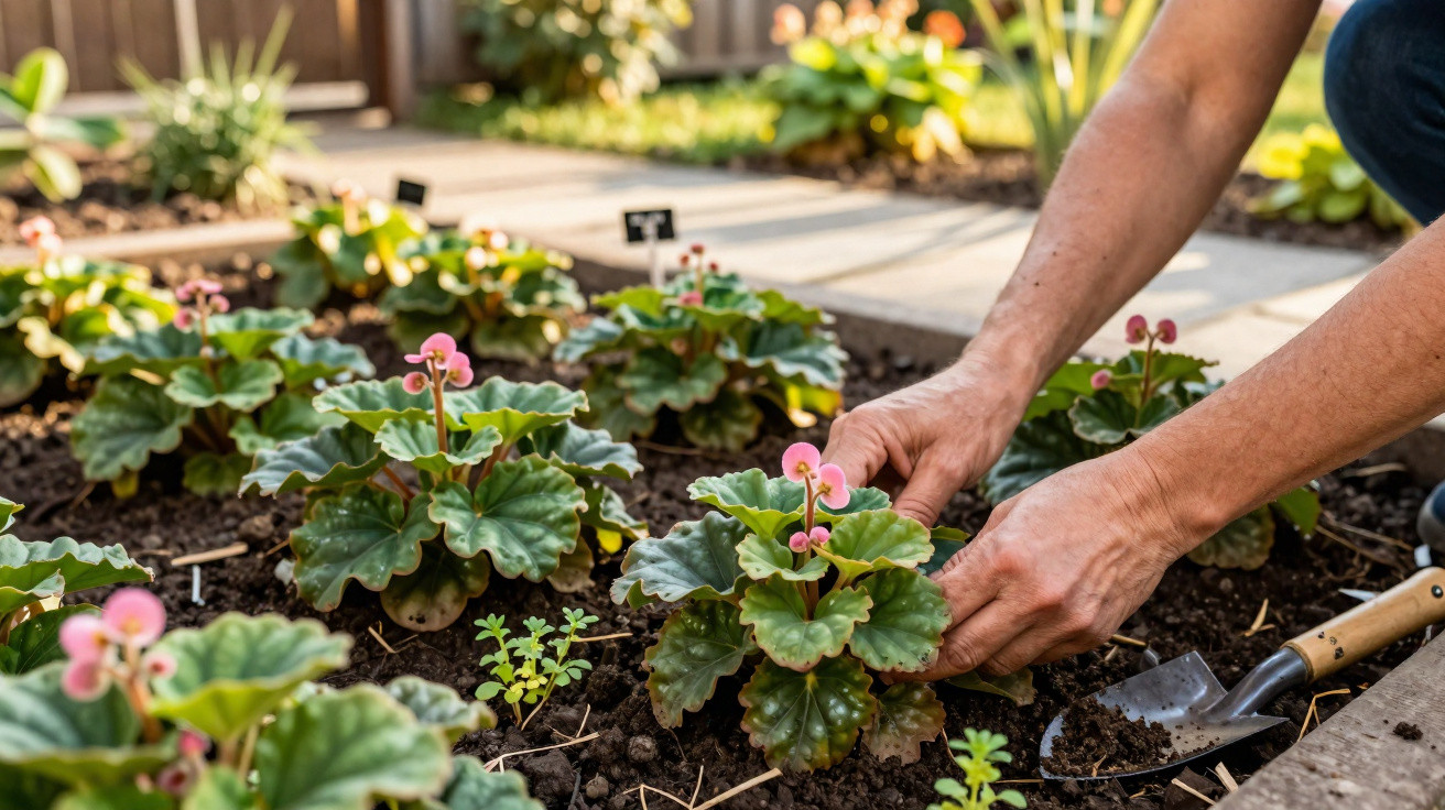 Pessoa a plantar ou cuidar de begónias com flores cor-de-rosa num jardim soalheiro.