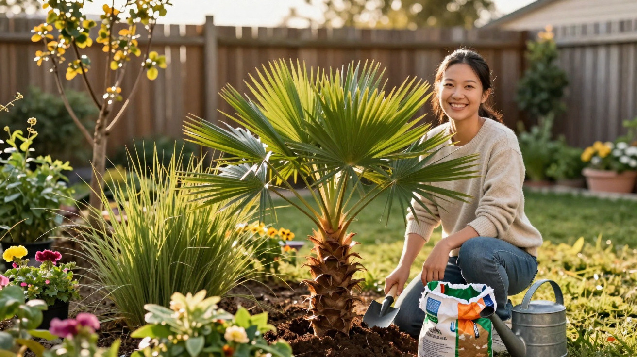 Mulher sorridente a cuidar de plantas num jardim com regador e terra à sua volta.