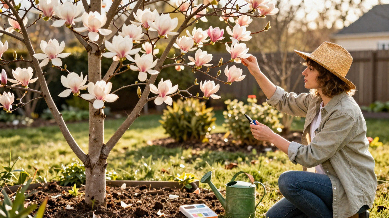 Mulher com chapéu a podar flores de árvore magnólia num jardim ensolarado ao pôr do sol.