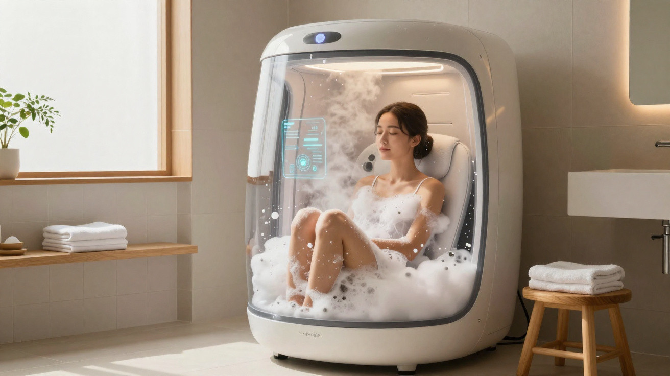 Mulher relaxa numa cápsula de banho de vapor com espuma num ambiente minimalista e luminoso.
