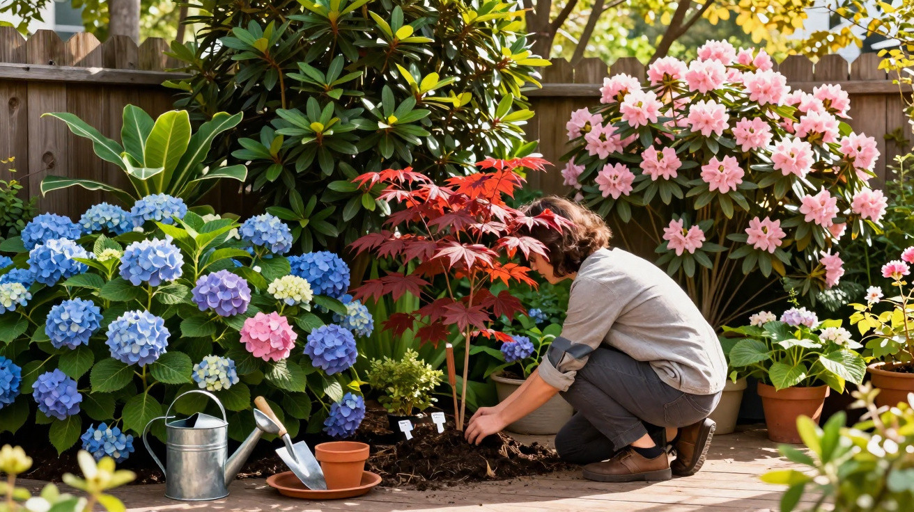 Pessoa a plantar uma árvore pequena num jardim com flores coloridas e regador metálico ao lado.