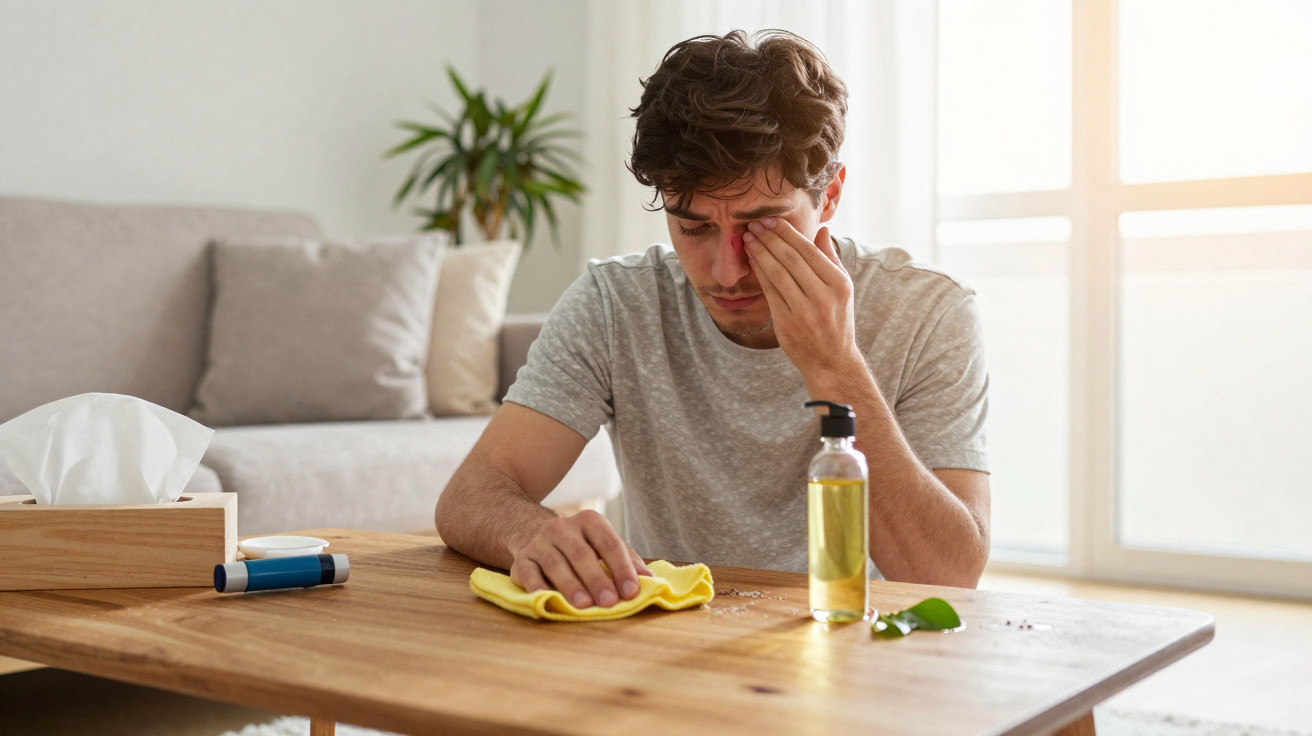 Homem com olhos irritados usa spray ocular sentado à mesa com lenço e frascos de medicamentos à sua frente.