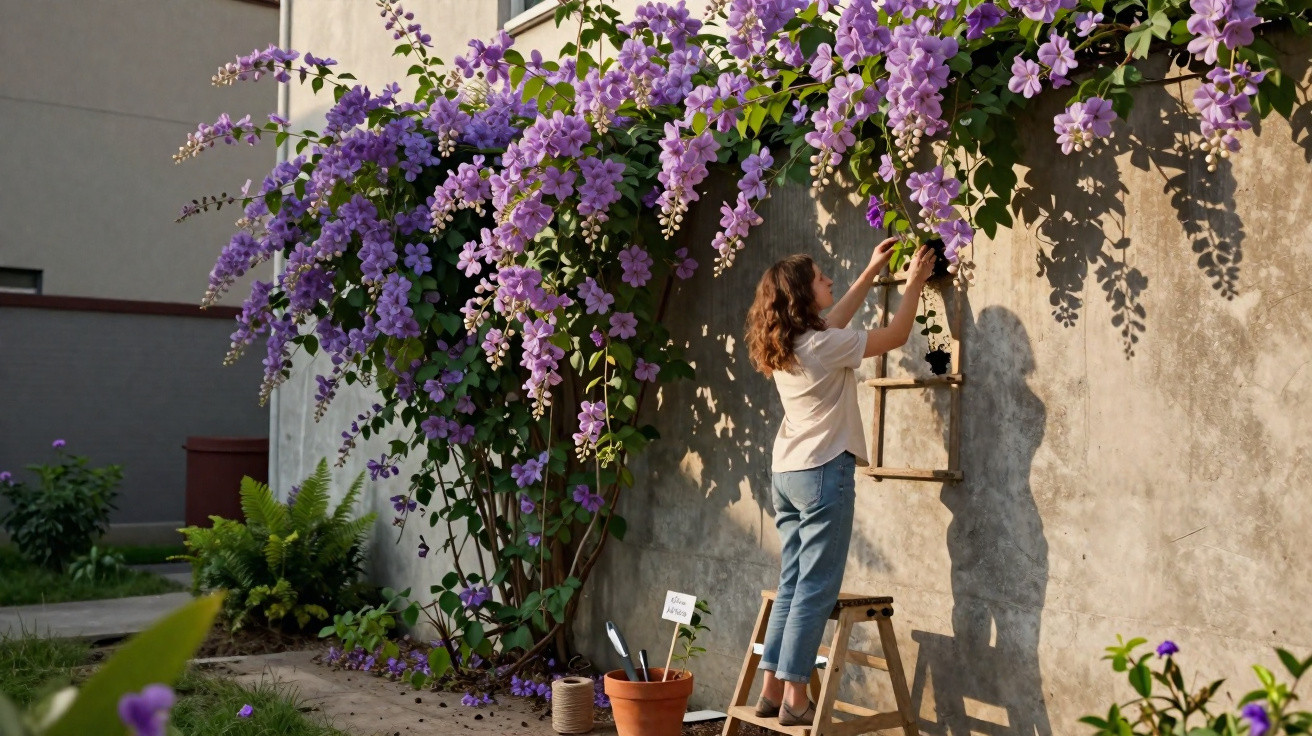 Mulher num jardim a apanhar flores roxas de uma trepadeira num muro de betão cinzento.