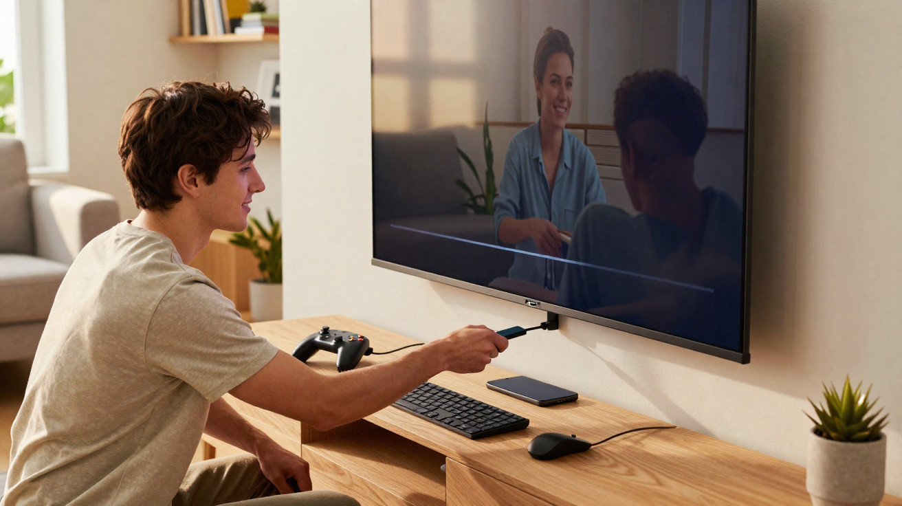 Homem sentado em sala usa comando para videochamada numa televisão grande com mulher visível no ecrã.