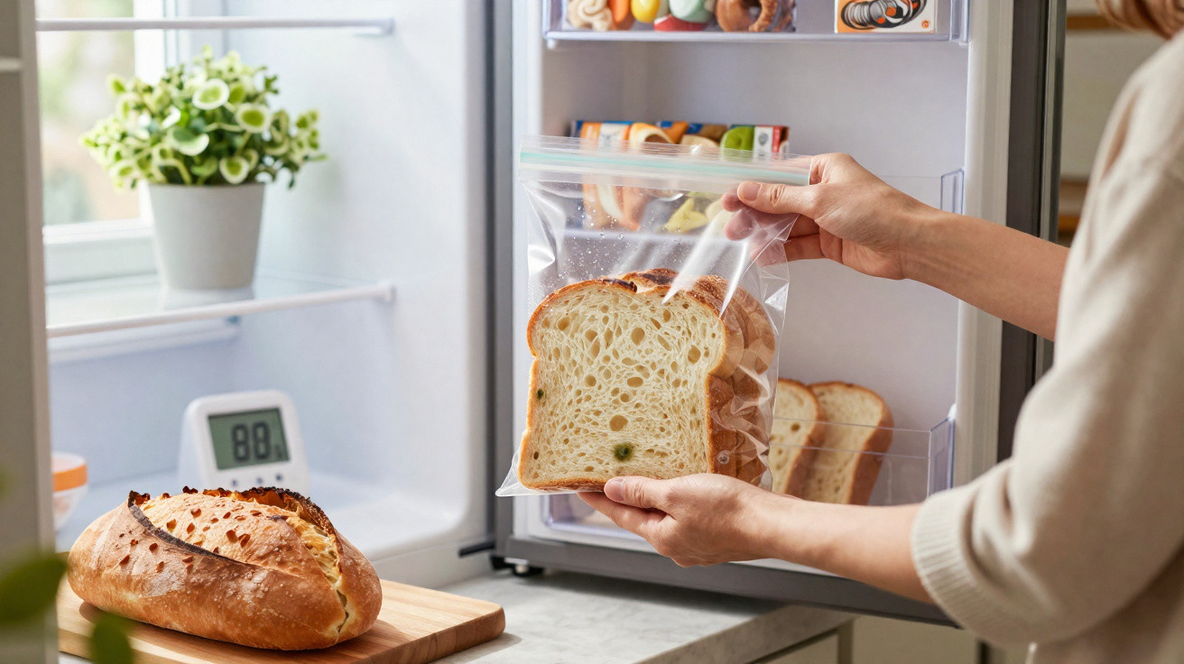 Mão a colocar fatias de pão com bolor em saco plástico transparente na cozinha.