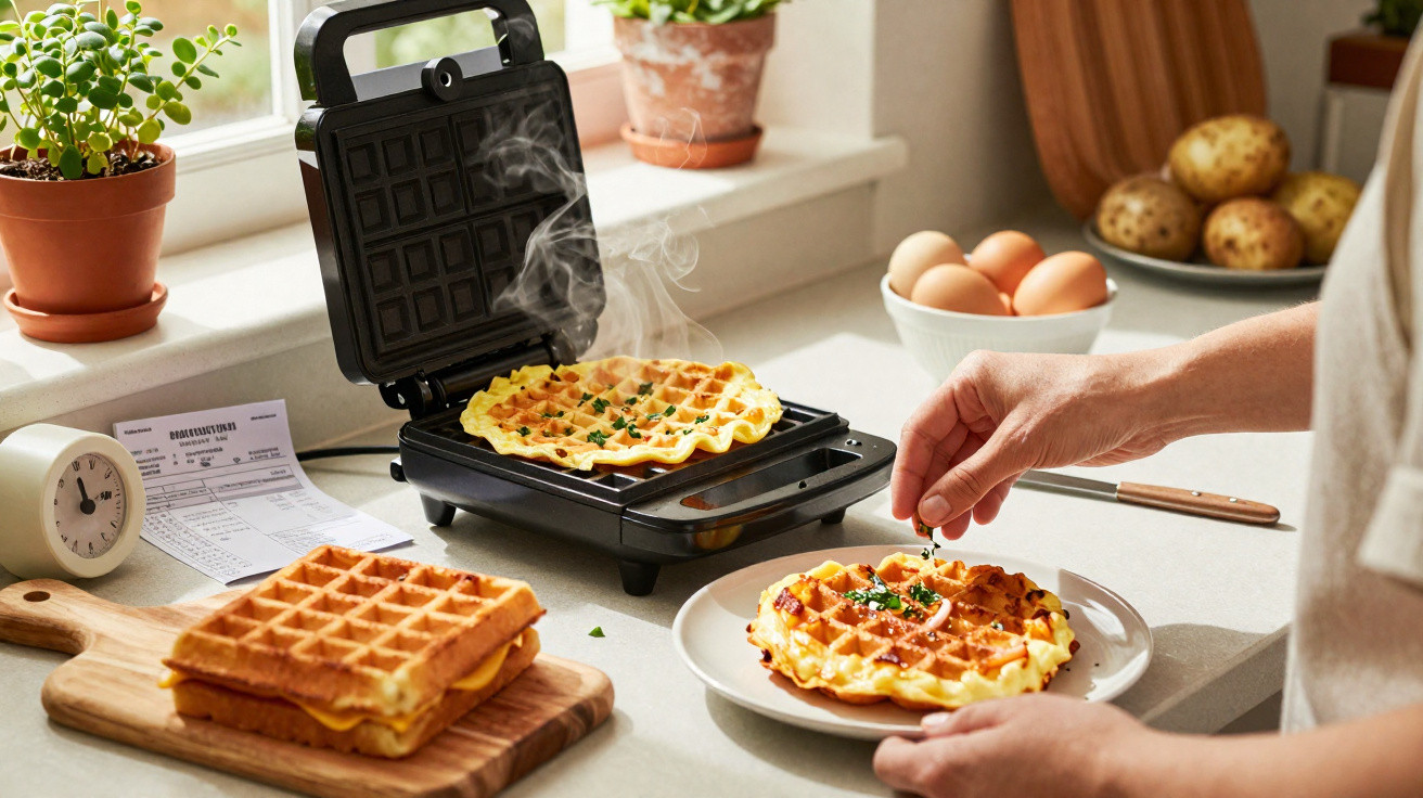 Máquina a fazer waffles quentes com vapor, mão a polvilhar ervas, waffles prontos e sanduíche numa cozinha iluminada.