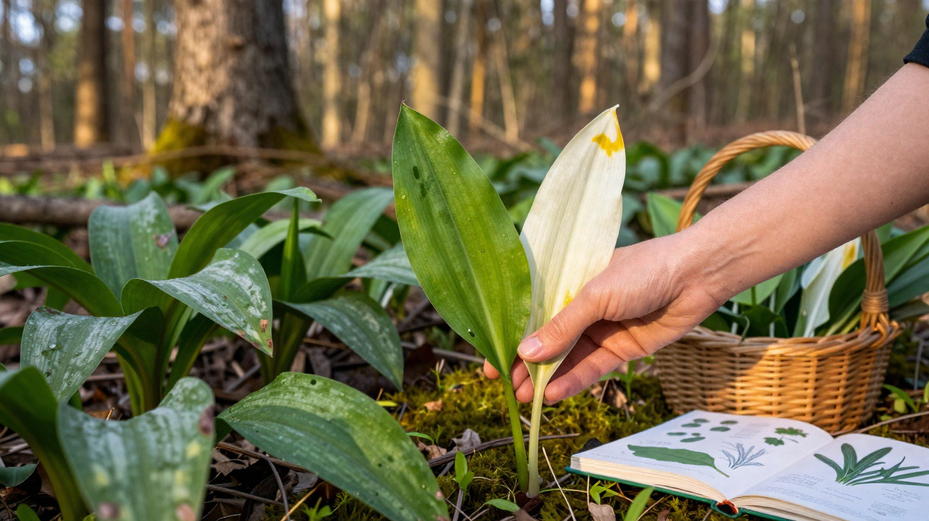 Pessoa a comparar folhas verdes e brancas de plantas silvestres, com um livro de botânica aberto no chão da floresta.