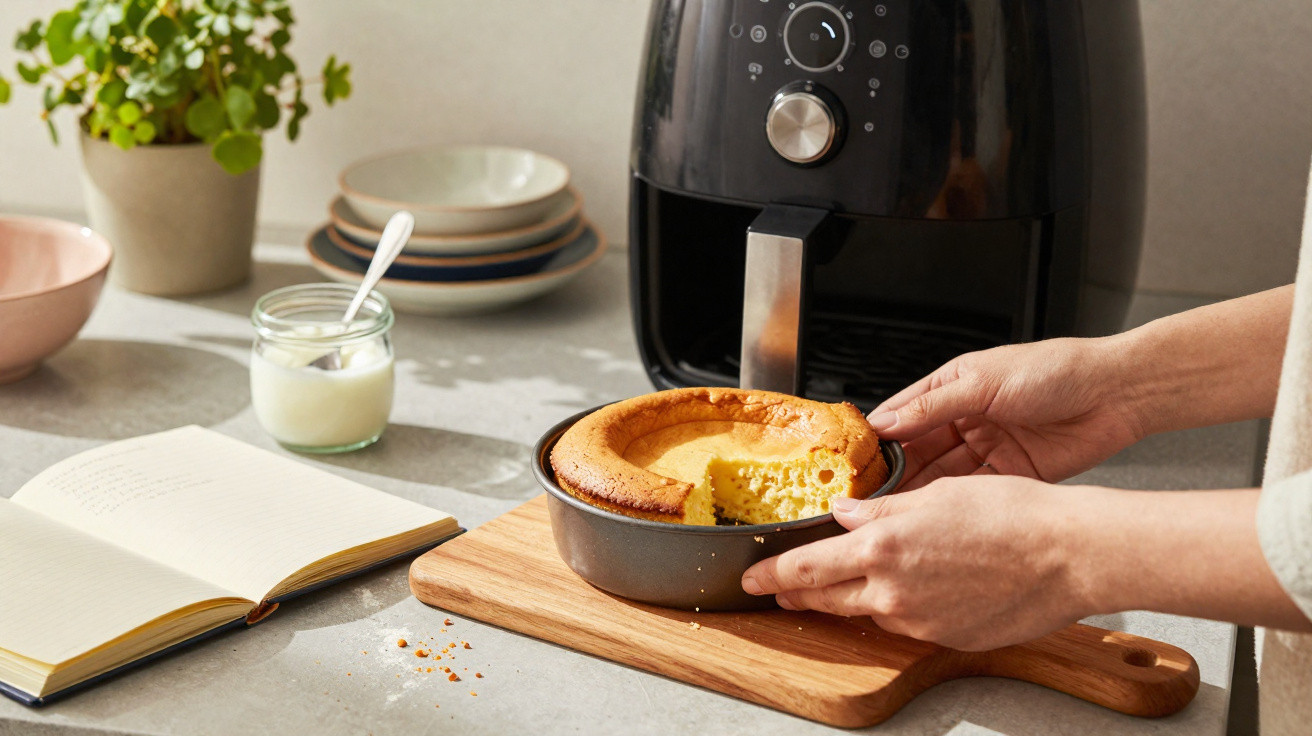 Pessoa a retirar bolo acabado de cozer de frigideira com fritadeira de ar numa cozinha iluminada.
