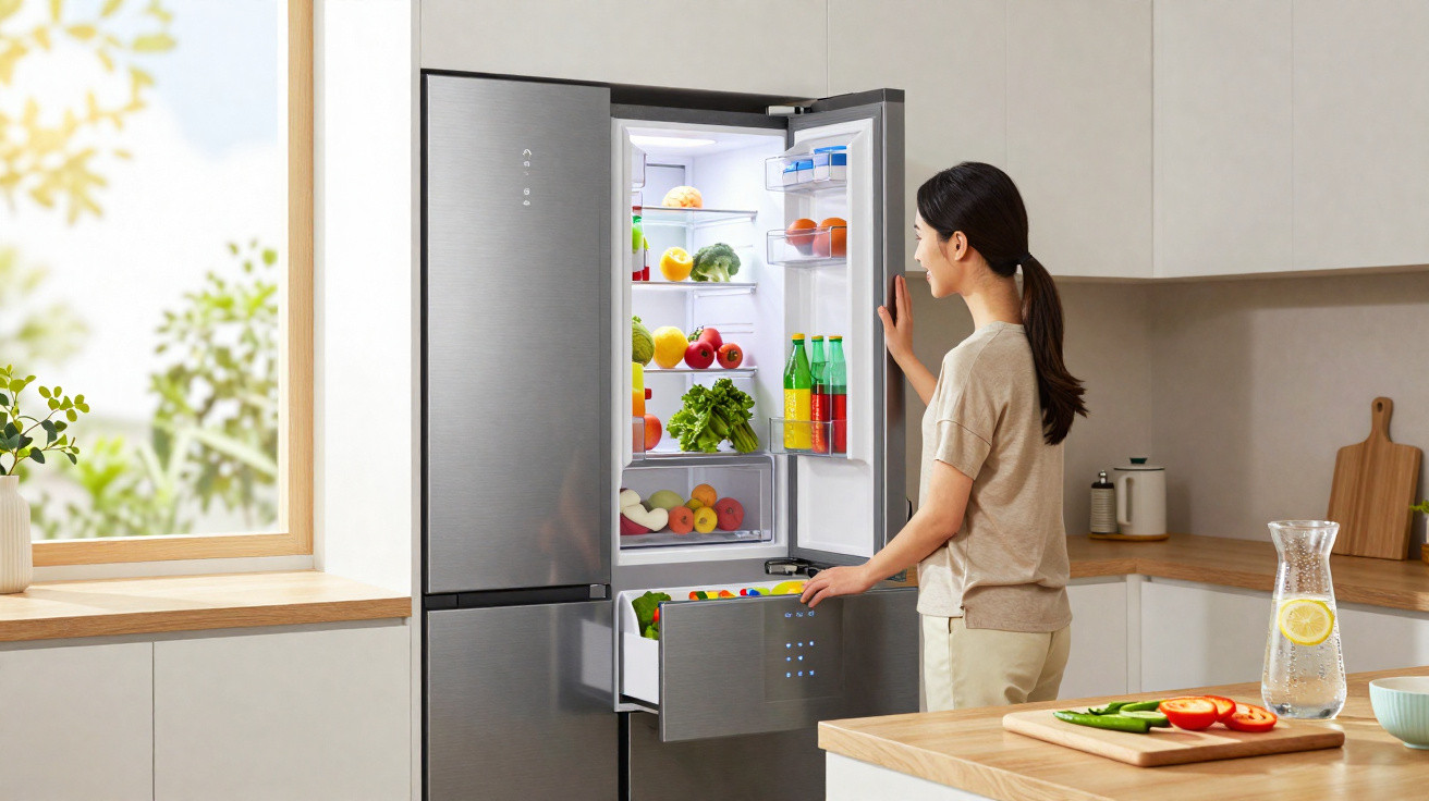 Mulher a abrir frigorífico moderno em cozinha luminosa com frutas e legumes no interior.