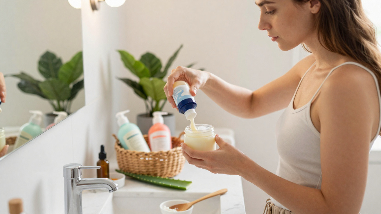 Mulher a aplicar creme hidratante no rosto numa casa de banho luminosa com plantas e produtos de cuidado pessoal.